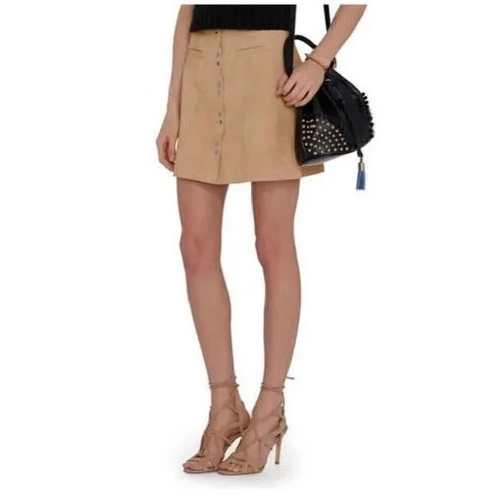 INTERMIX Womens Size S Tan Genuine Leather Suede Mini Skirt Snap Front NWT